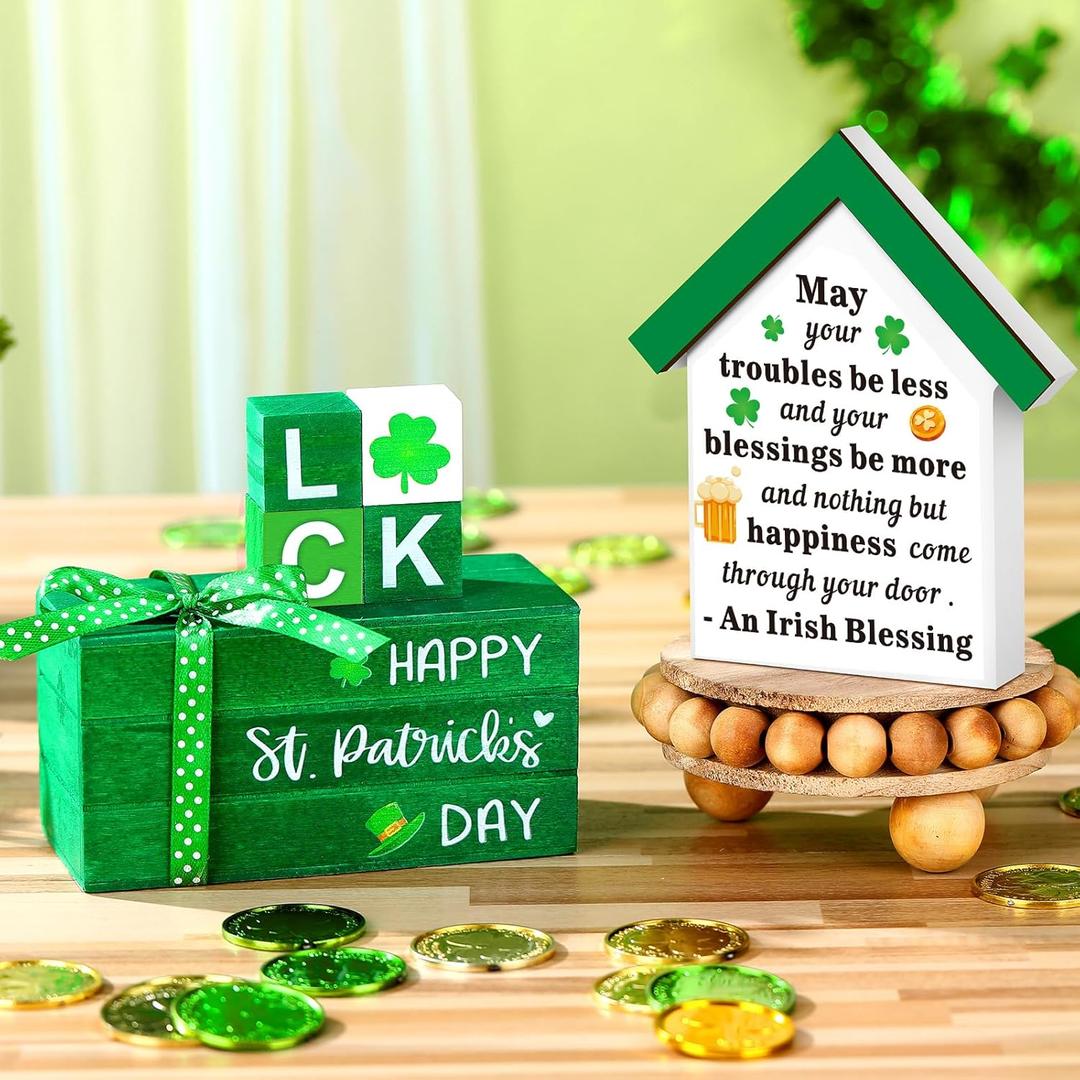 6 Pcs St. Patrick's Day Decorations St Patrick's Day Tiered Tray Decor Green Book Block Bundles Centerpiece Irish Wood Shamrock Luck House Table Sign for Rustic Party Bookshelf Home Desk