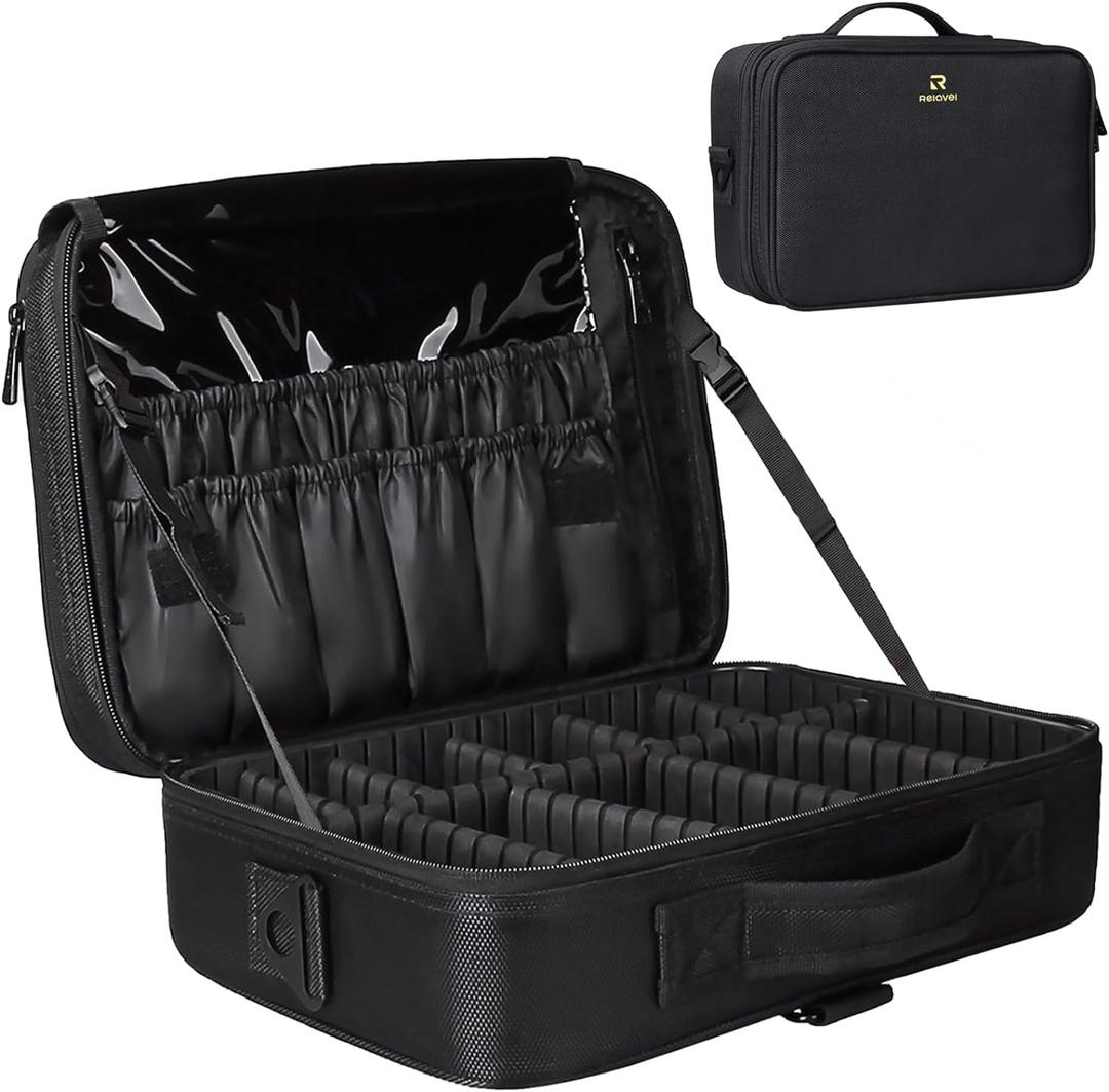 Relavel Travel Makeup Train Case Makeup Cosmetic Case Organizer Portable Artist Storage Bag with Adjustable Dividers for Cosmetics Makeup Brushes Toiletry (medium black)