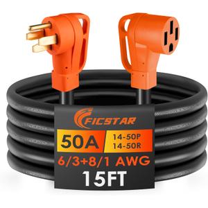15FT 50 Amp RV Extension Cord Outdoor with Grip Handle,125/250V,12500W, 4 Prong, Heavy Duty 6/3+8/1 Gauge STW, NEMA 14-50P to 14-50R with Cord Organizer, ETL Listed