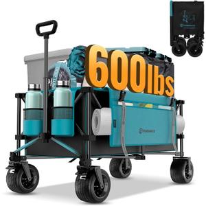 FUNDANGO 600lbs Collapsible Wagon, Foldable Beach Wagons Heavy Duty Garden Cart with Brakes, Side Pockets & All-Terrain Big Wheels for Sports Camping Shopping Groceries, Black/Blue