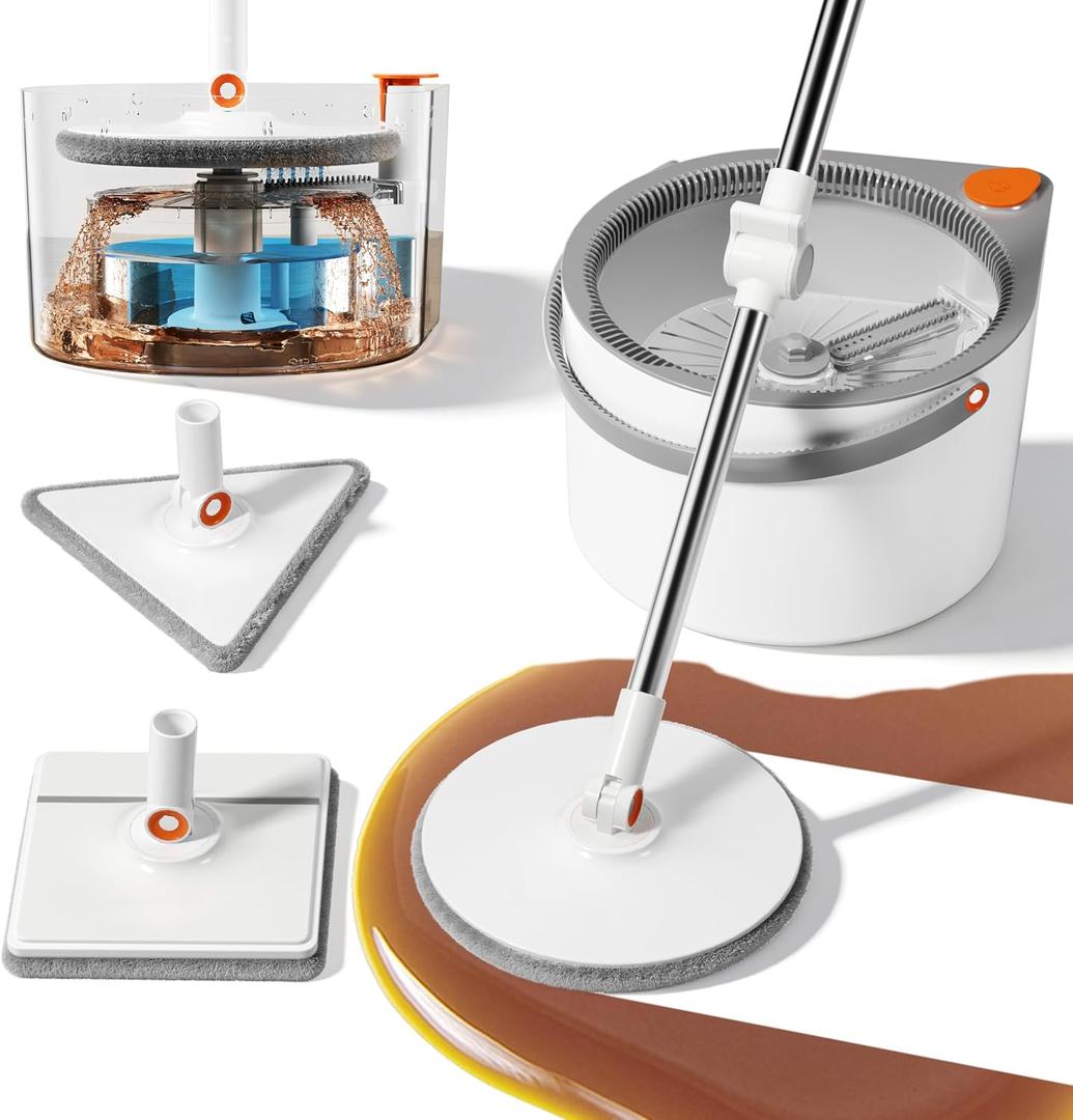 3-in-1 Spin Mop and Bucket Set with Clean Water Separation, 71 Extra Long Handle for Wall Cleaning, 3 Specialized Heads for Baseboards & Corners, 6 Microfiber Refills for Hardwood Floor Care