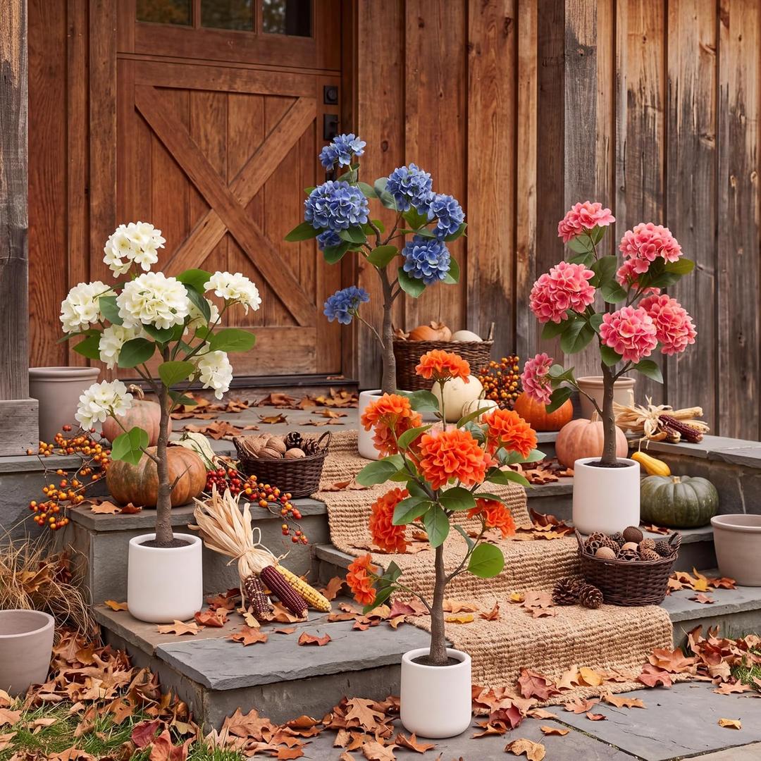 4 Pack 3ft Artificial Hydrangea Trees for Fall Decor, Mixed Colors