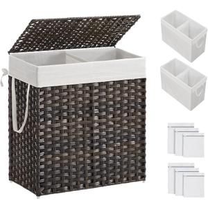 SONGMICS Laundry Hamper with Lid, 110L Clothes Hamper with 2 Removable Liner Bags, 6 Mesh Bags, Wicker Laundry Basket, Double Laundry Hamper for Bathroom, 13 x 22.4 x 23.6 Inches, Brown ULCB052K02