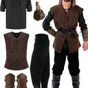 Suhine Men's Halloween Renaissance Costume Set Medieval Vest Shirt Viking Belt Armband Pouch 4 Pieces