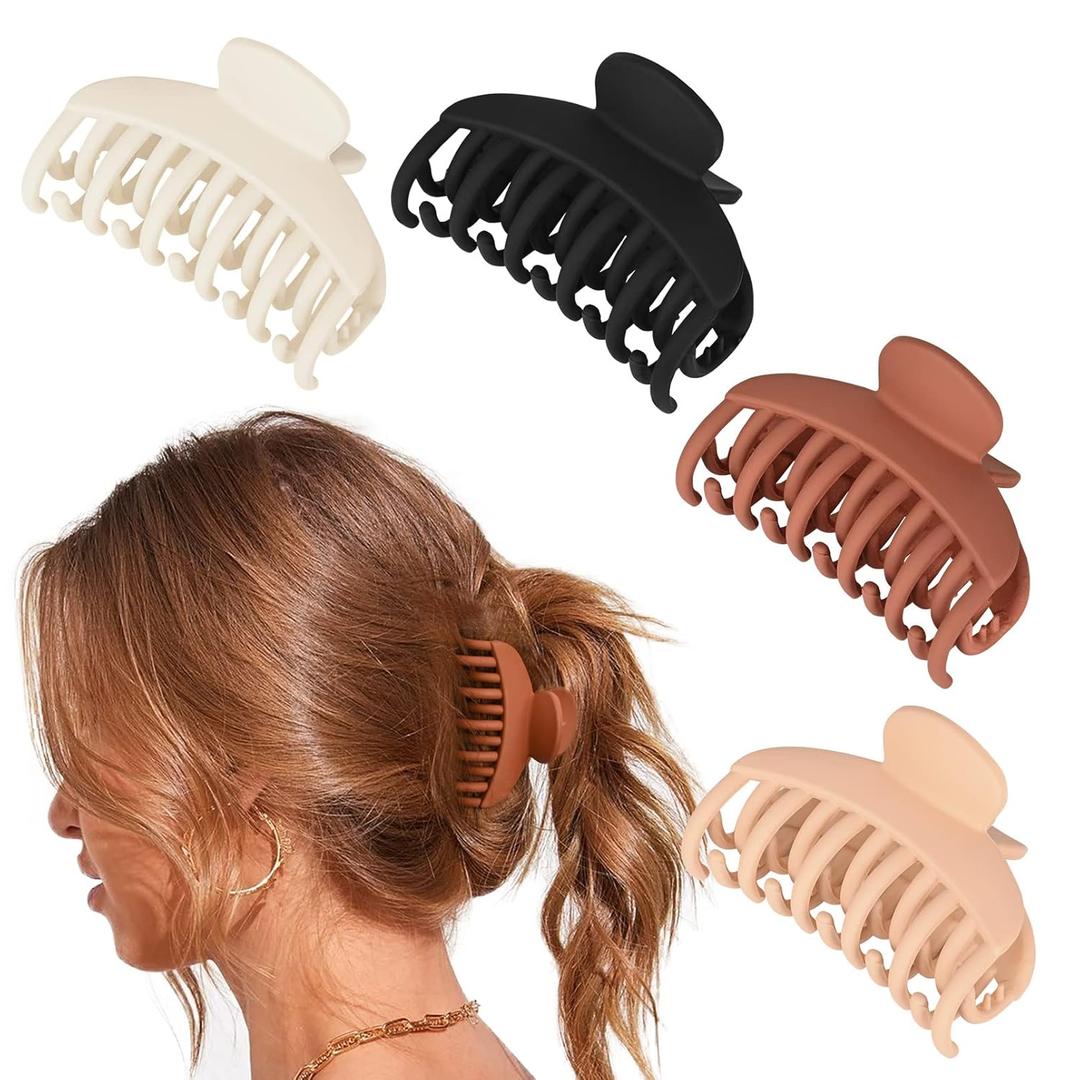 DEEKA 4 PCS Double Row Teeth Hair Claw Clips 2.5" Medium Hair Clips for Thin Hair Small Matte Clips Short Fine Hair Accessories for Women and Girls -Black Brown (4 Count (Pack of 1), Neutral Colors)