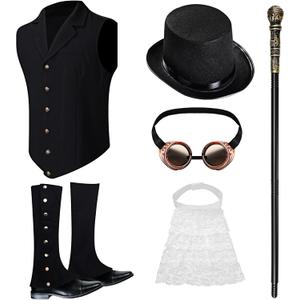 Suhine 6 Pcs Steampunk Halloween Costume Men Steampunk Boot Spats Vest Hat Cane Goggles Renaissance Medieval Accessories (Small)