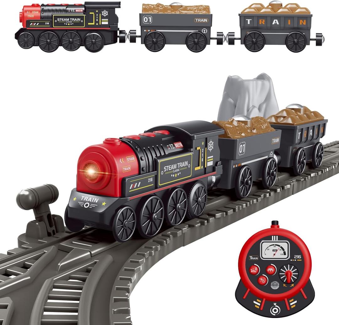 Motorized Train for Wooden Track, Remote Control Train with Magnetic Connection, Battery Operated Locomotive Trains for Toddlers, Compatible with Thomas, Brio, Chuggington, Red