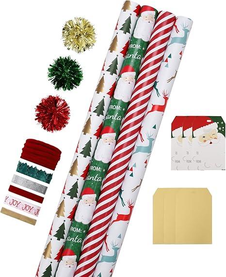 LaRibbons Christmas Wrapping Paper Set, Reindeer & Snowflake Design with Gift Bow & Ribbons & Tags, Perfect for Holiday, Party, Xmas Celebration,30 Inch X 10 Feet (4Rolls, 100 sq.ft.ttl.)