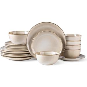AmorArc Stoneware Dinnerware Sets for 6, 18 Pieces Hand painted Ceramic Plates and Bowls Set, Scratch Resistant Dishes Set, Dishwasher & Microwave Safe, Cappuccino