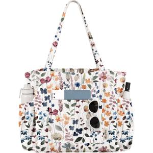Miss Adola Large Corduroy Tote Bag for Women - Cute Shoulder Reusable Canvas Bags with Zipper Multi-Pocket for School, Watercolor Wildflower