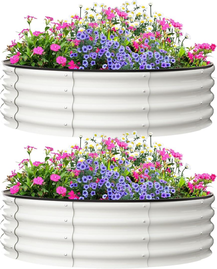 Raised Garden Beds Outdoor, 2 Pack 4x4x1 FT Galvanized Raised Garden Bed for Gardening, Round Metal Planter Box for Planting Plants Vegetables and Flower, White