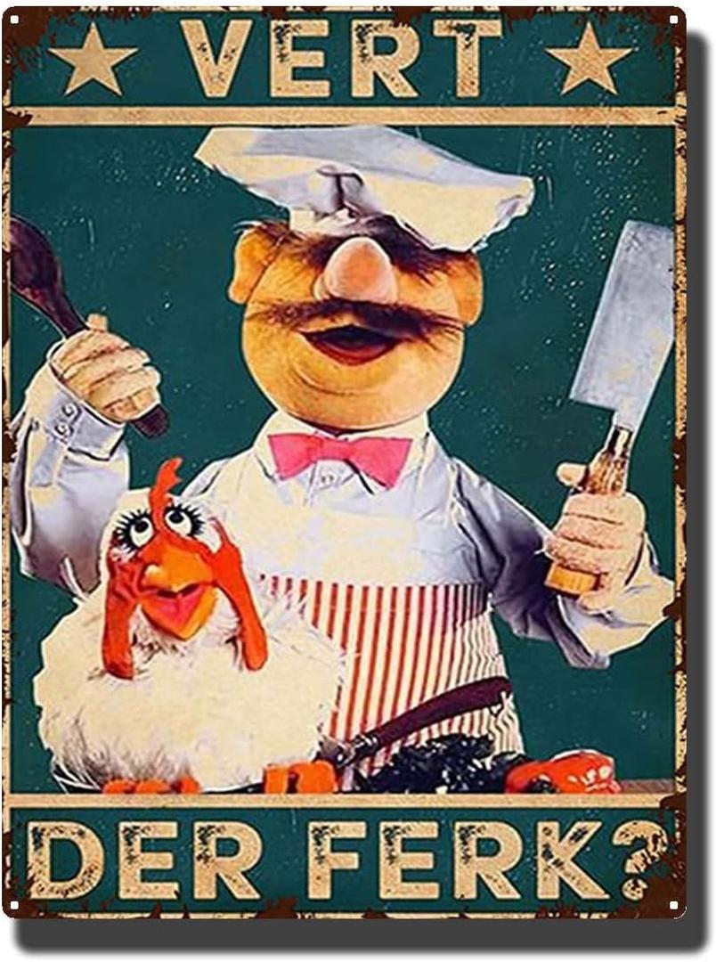 Retro Funny Swedish Chef Metal Tin Sign Vert Der Ferk Poster Vintage Metal Plaque Wall Decor Gift For Bathroom Restaurant Farm Bedroom Cafe School 12x18 Inch
