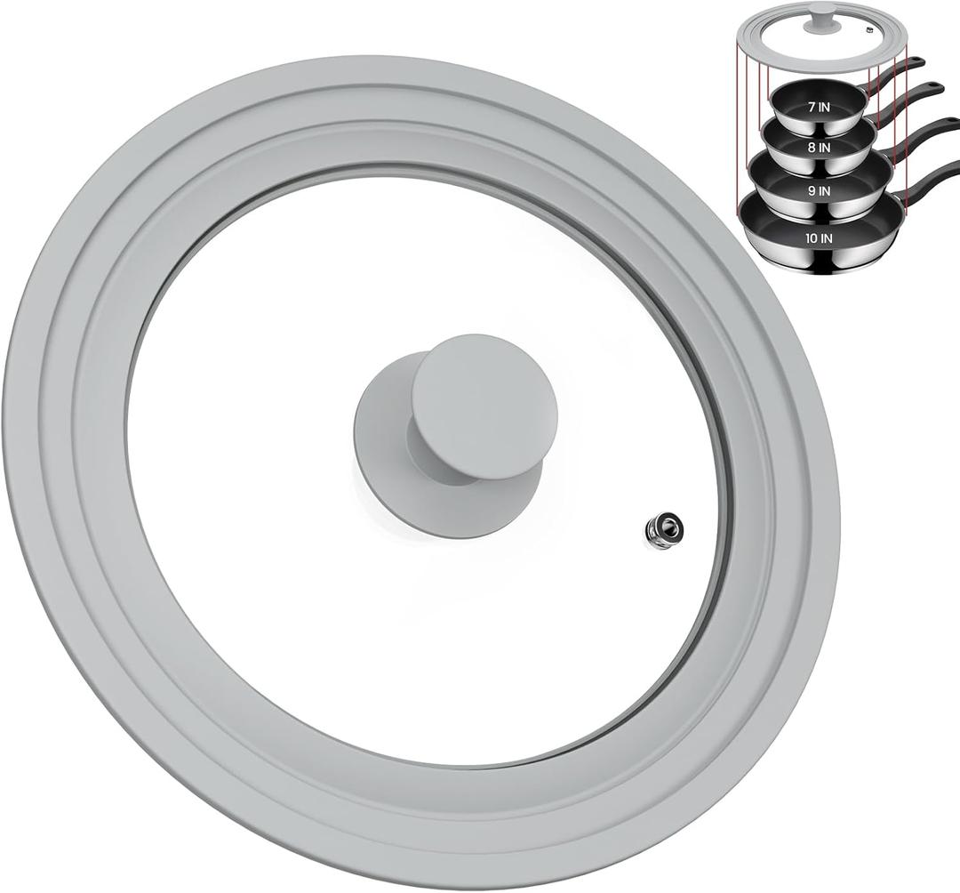 TOPULORS Universal Lid for Pots, Pans, and Skillets - Tempered Glass Lid with Silicone Rim Fits 8", 9", 9.5" Inner Diameter Cookware Frying Pan Cover Replacement Lid - Dishwasher Safe, Grey