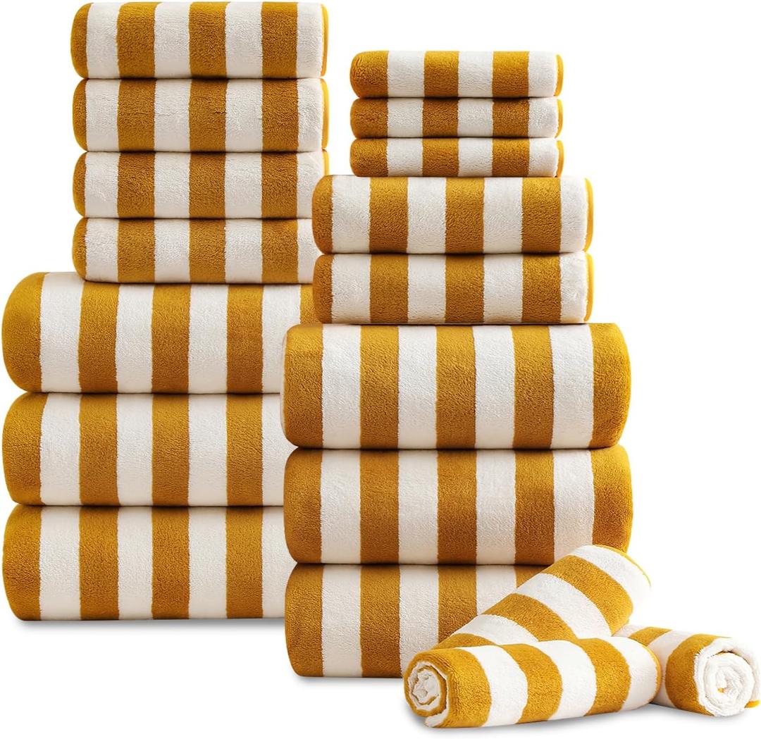 Oliven 18 Pcs Yellow Cabana Stripe Family Towels Set-6 Bath Sheets,6 Hand Towels,6 Washcloths Soft Jumbo Bathroom Towels Absorbent Shower Towel Quick Dry Beach Chair Towel Spa Gym Hotel Towel Set