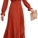 PRETTYGARDEN Women's 2026 Spring Fall Midi Dress Casual Long Sleeve V Neck Swiss Dot Pleated A Line Flowy Dresses S Orange