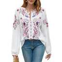 Womens Long Sleeve Shirts Fall Tops Embroidered Blouses Casual Loose Peasant Tunic Mexican Trendy Clothes White , Size L
