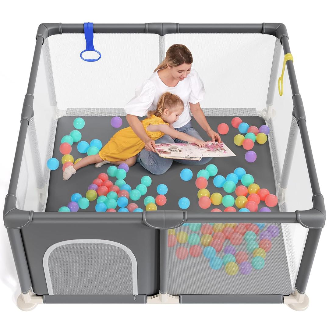 Baby Playpen 47x47 Inch in Small Play Pen Playards, Playpen for Babies and Toddlers, Baby Play Yard Safety Gate Fence for Indoor & Outdoor Kids Activity Center Play Area, Anti-Fall, Grey