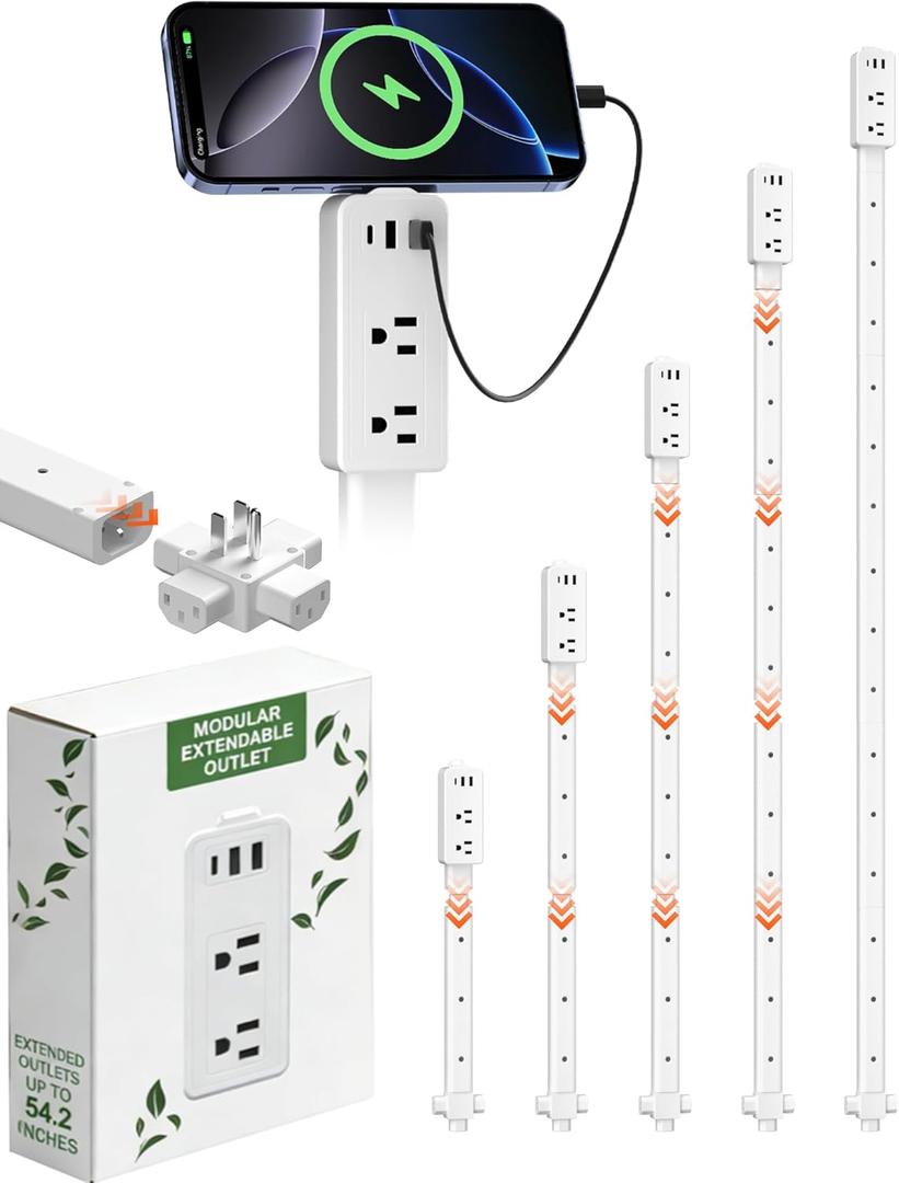 Electrical Outlet Extender with Adjustable Sticks 8"-56", 4-Way Flat Plug for Different Wall Sockets, Features 2AC Outlets, 2USB-A, 1USB-C for Hard-to-Reach Outlets Behind Couch Nightstands Desks TV