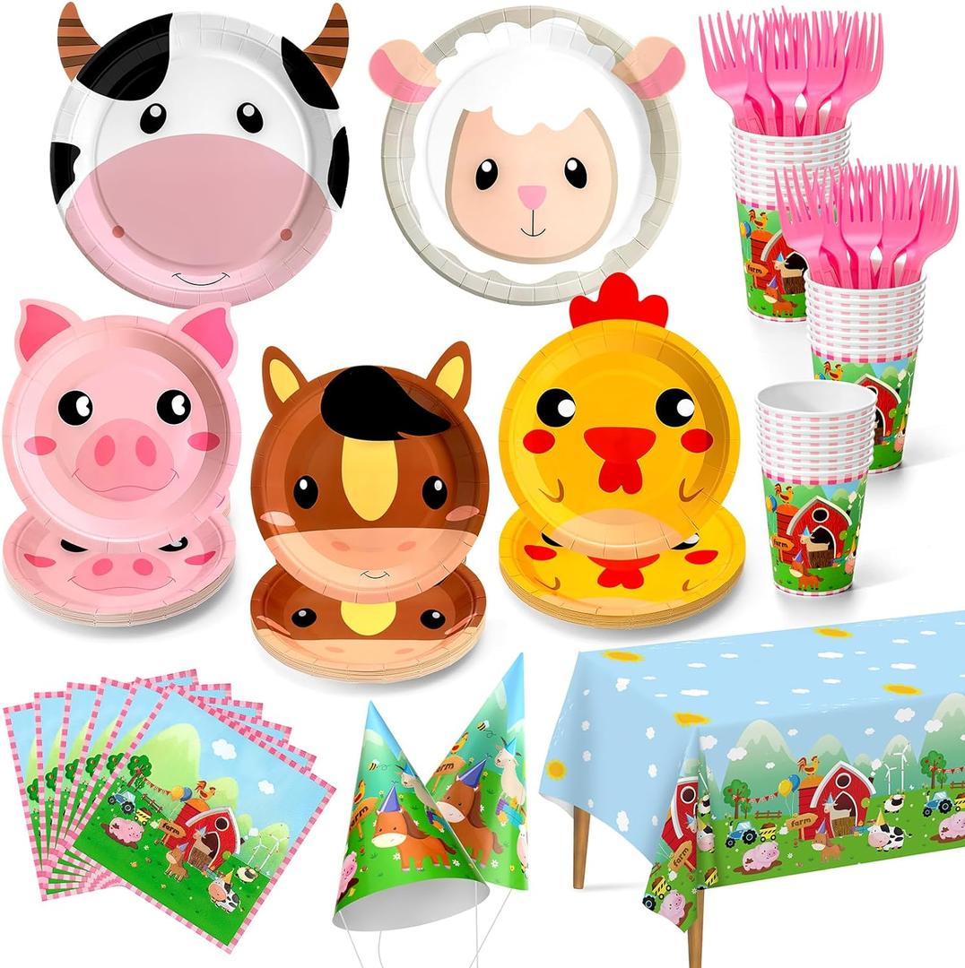 Farm Animal Party Plates Set, Serve 24 Cute Animal Shaped Disposable Party Plates and Napkins, Cups, Tablecloth, Forks, Hats, Party Supplies for Kids Birthday Decorations, Baby Shower