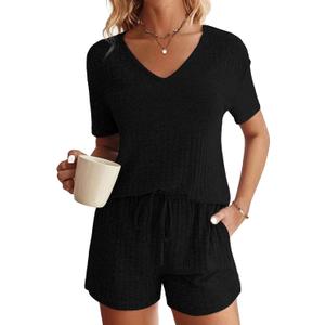 TESANCCO Womens Fashion 2 Piece Outfits Sweatsuits Ribbed Knit Summer Short Sleeve Loungewear V Neck Lounge Set, S, Black