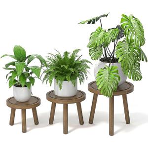 3-Pack Wood Plant Stands Indoor, Single Plant Stand for 6-12 Inch Pots, Mid-Century Modern Plant Stool, Tall Plant Stand for Large Plants for Living Room, Balcony, Office (Dark Gray)