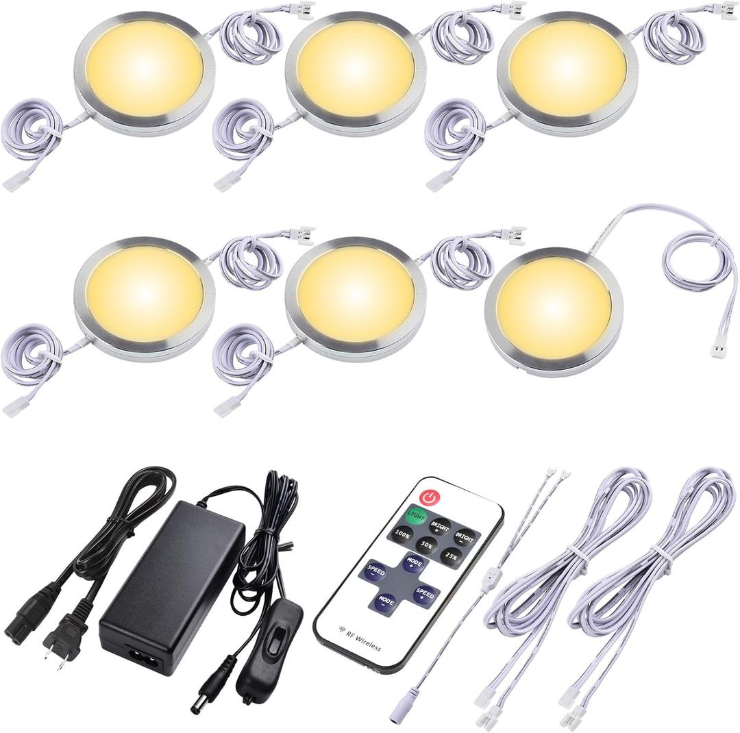 Kitchen Underneath Cabinet LED Puck Light, Hutch Backsplash Back Lighting, 110V Plug-in & Hardwired, Wireless RF Remote Control Dimmable, Linkable, White Wires, Warm White 2700K, 6 Lights