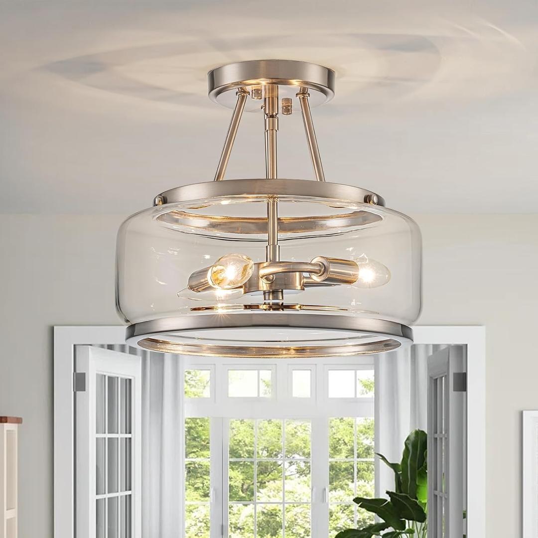 Brushed Nickel Semi Flush Mount Ceiling Light Fixture 3 Light,11.8 Inch Small Drum Modern Glass Ceiling Light Fixtures for Bedroom,Entryway,Hallway,Kithcen,Dining Room,Bathroom