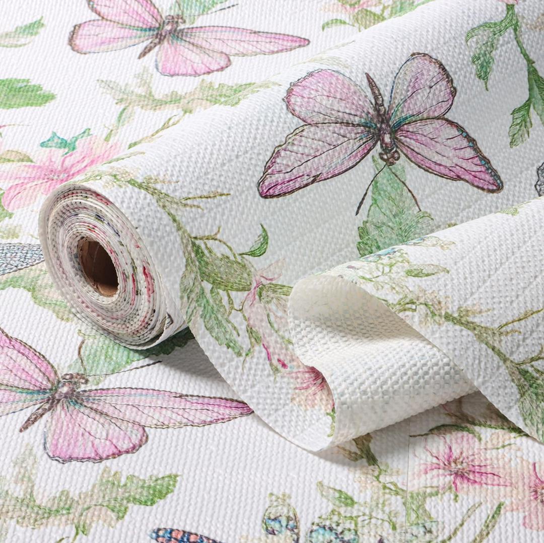 Shelf and Drawer Liner for Kitchen Cabinet Non-Adhesive Strong Grip Floral Shelf Liners Non-Slip Drawer Liner Waterproof Easy Install Cabinet Liner for Drawers Cupboard Table Shelves 12IN10FT (11.8"W x 118.1"L, Butterfly)