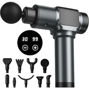 JQX Massage Gun, Deep Tissue Massage Gun for Pain Relief with 30 Speed Levels and 9 Attachments, Ultra Quiet Massager Gun, Lightweight and Portable - Grey