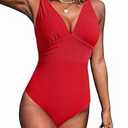 AI'MAGE Women Ribbed One Piece Swimsuit 2025 Swim Suits V Neck Bathing Suits High Cut Adjustable Strap Monokini Swimwear Red M