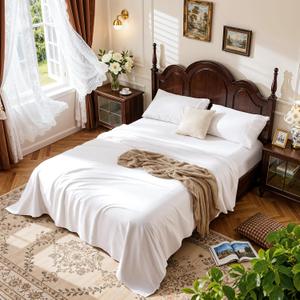 LBRO2M 100% Cotton Sheets Set,Queen Size Bed Sheet 4 Piece Sets,Long Staple,16 Inches Deep Pocket,All Season,Bedding Super Soft Comforterble Breathable,Sateen Weave(White)