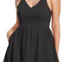 ROYLAMP Women's Casual Spaghetti Strap Dresses Elegant V-Neck A-line Swing Petite Tiered Short Mini Dress with Pockets (Black, XS)