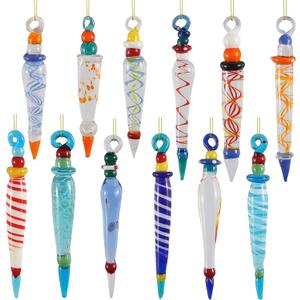 JOYIN 12Pcs Colorful Glass Icicle Ornaments with Crystal Line for Christmas Tree Decorations, 3.54-3.7" Xmas Tree Hanging in 12 Different Designs