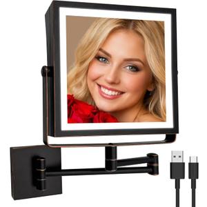 Ruacq Rechargeable Wall Mounted Makeup Mirror with Lights, Double Sided 1X/10X Magnifying Vanity Mirror with 3 Color Lights, Touch Screen Dimmable, 360 Rotation Foldable Arm (Oil Rubbed Bronze)