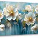 Haichuang Decor Art White Peony Flower Canvas Wall Art 40x20 Inches Framed Blue White Floral Oil Painting Wall Decor Waterproof HD Giclee Print Ready to Hang Modern Floral Artwork for Living Room Bedroom Bathroom