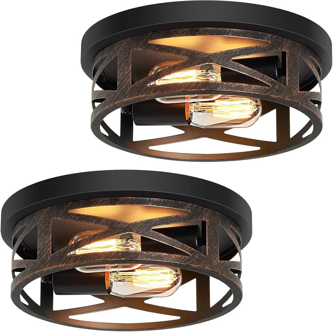 ZHU YAN 2 Pack Flush Mount Ceiling Light,Farmhouse Hallway Lighting Fixtures, Industrial Light Fixtures Ceiling Mount for Kitchen, Entryway, Bedroom, E26 Base (10in-Rustic Black)