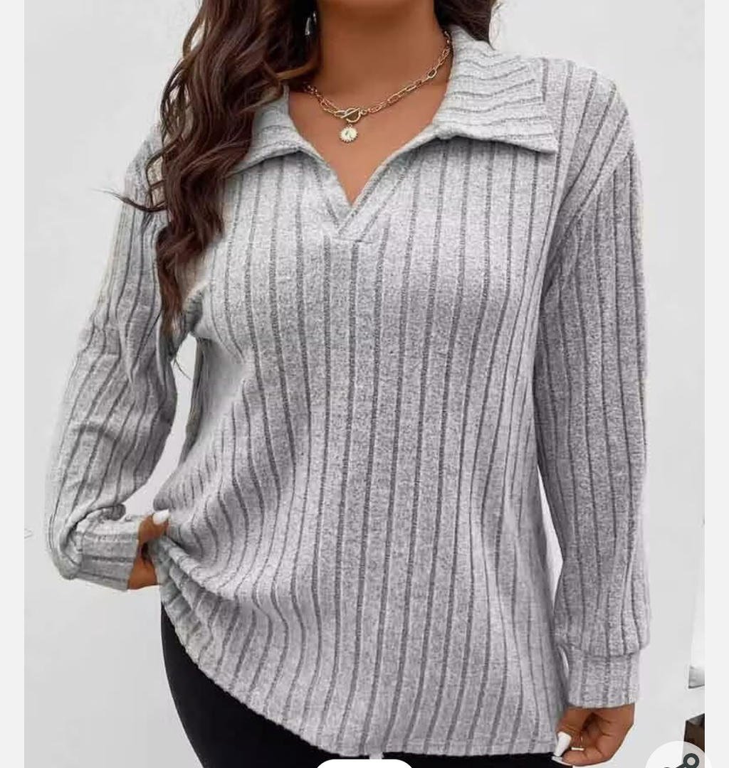 Plus Size Women's Rib- Lapel Long Sleeve Top - Solid Color Casual Pullover T Shirt L