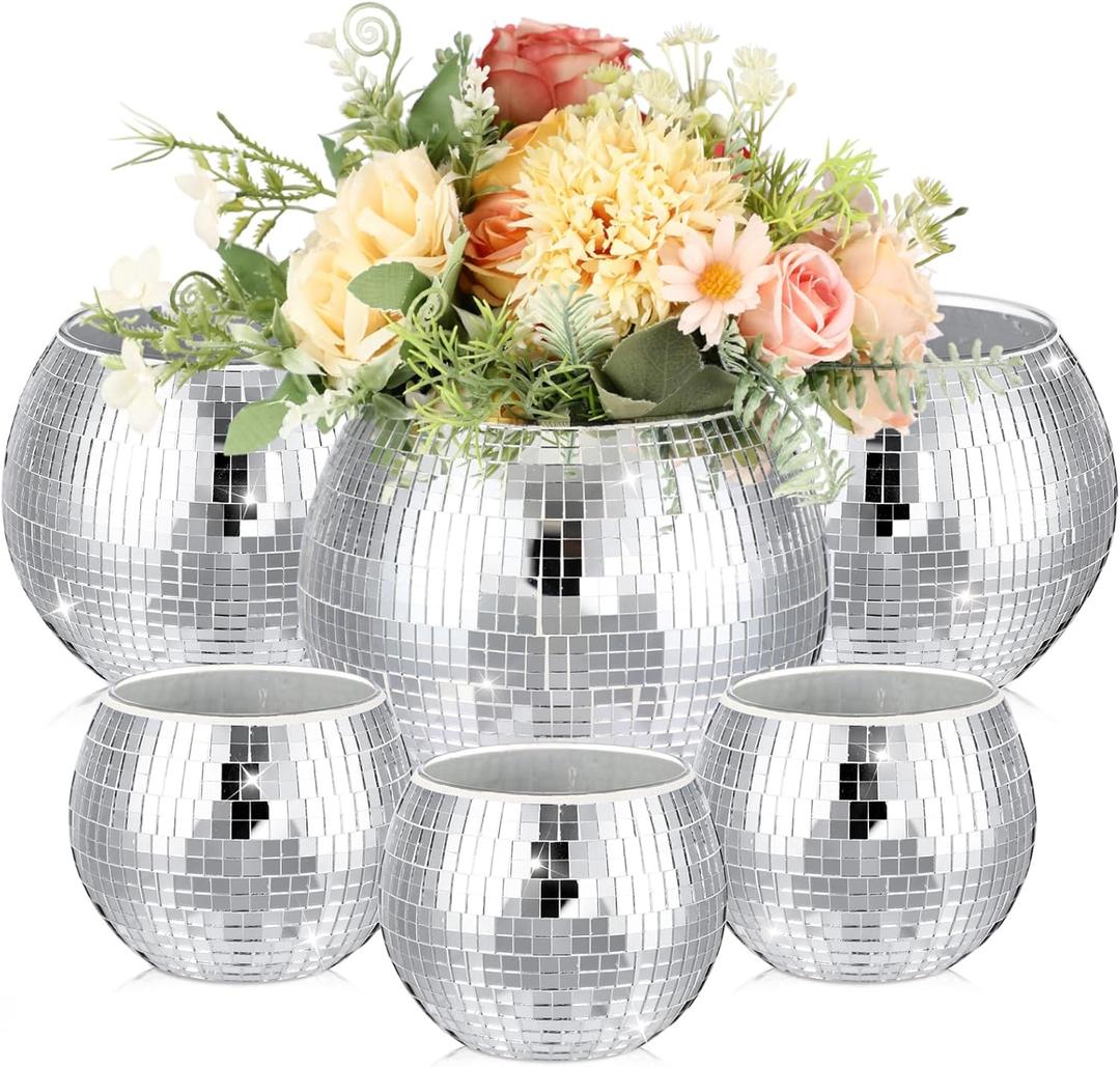 Inbagi 6 Pcs Disco Ball Flower Vase Mirror Glass Vase Disco Ball Planter Candle Holder Bulk for Wedding Centerpieces Bedroom Kitchen Office Decor(Silver, 3 x 4 Inch, 5 x 6 Inch)