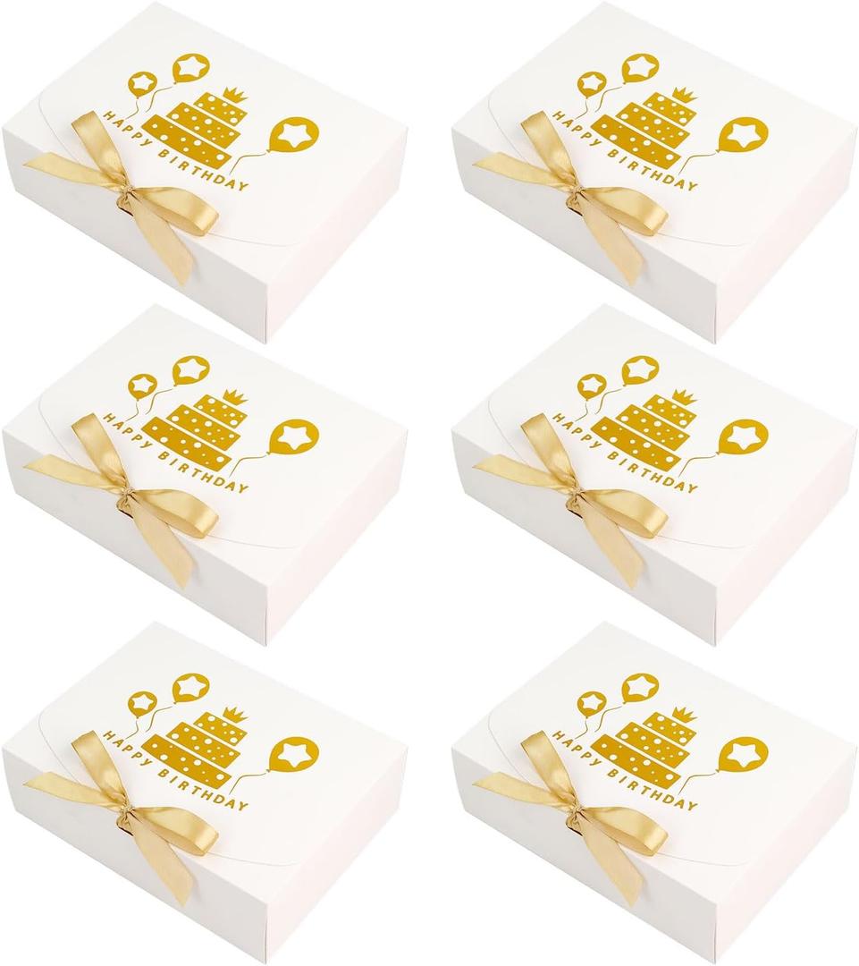 Ssyuysto 6PCS Birthday Gift Boxes with Ribbon Premium Elegant White with Gold Foil Happy Birthday Design Large Collapsible Gift Boxes for Party Favors Packaging for Men Women and Kids HBD Presents