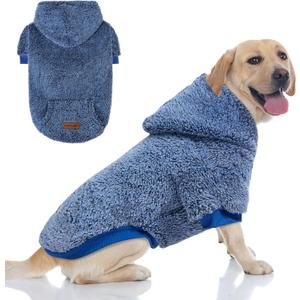 EXPAWLORER Fuzzy Dog Sweaters, Double-Sided Plush Fleece Soft Doggie Hoodie with Leash Hole, Pet Cold Weather Clothes Winter Coat, Sherpa Hooded Sweatshirt for Small Dogs(Blue S)