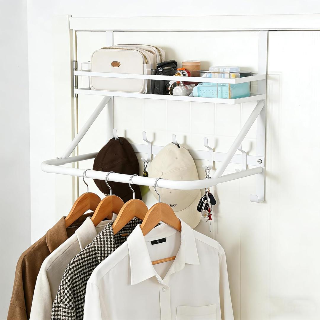 Over The Door Clothes Hanger, Metal Over The Door Hangers for Clothes with 7 Hooks1 Storage Basket For Clothing Hanger Drying Racks for Laundry, Bedroom, Washroom waitwhite