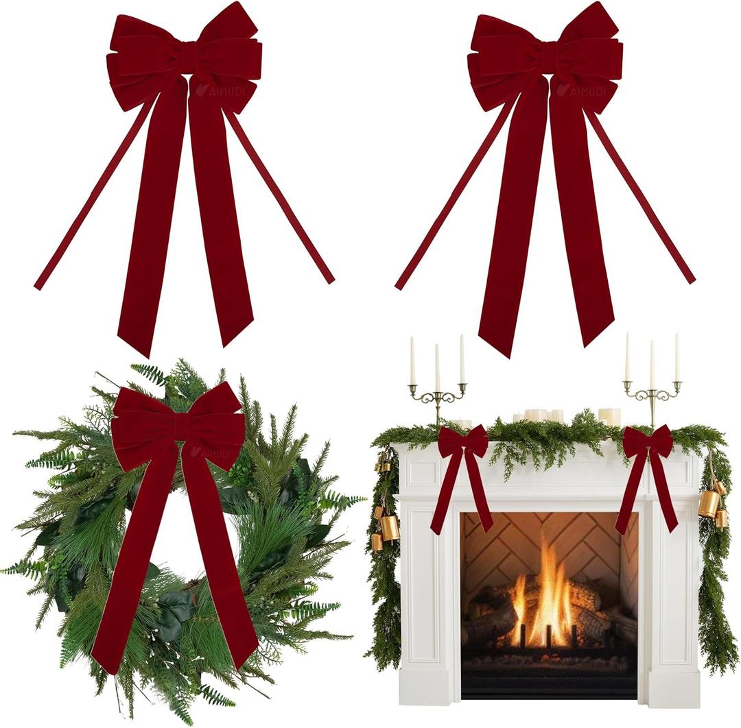 AIMUDI Red Velvet Bows 6.5" x 15" Christmas Bows for Gift Wrapping Velvet Bows for Trees Holiday Crafts Wreath Garlan Door Staircase Home Outdoor Winter Christmas Decorations, 2 PCs