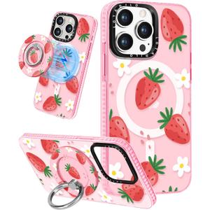 for iPhone 14 Pro Max Case for Women - Cute Design Girls Compatible with Magsafe Magnetic Ring Holder Stand Strawberry Flower Phone Covers Aesthetic Girly TPU Funda for 14 Pro Max
