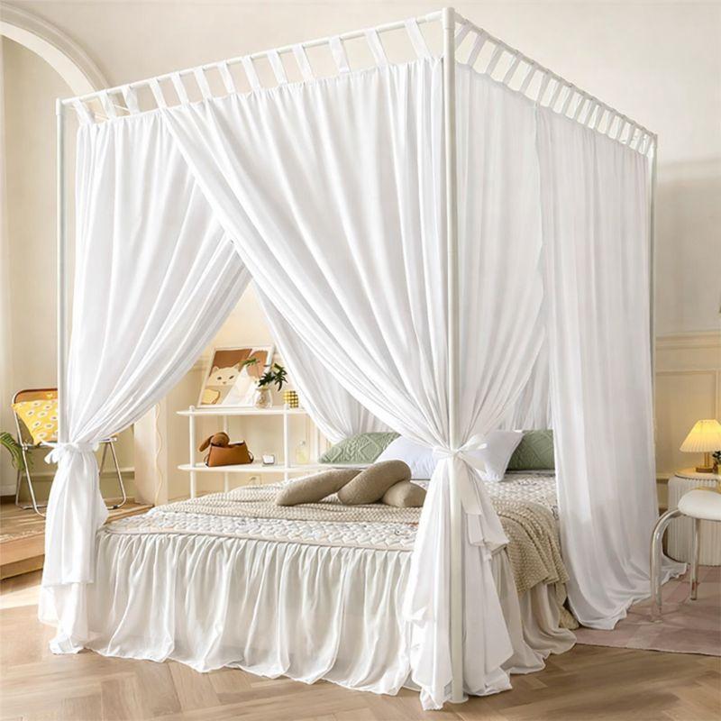 Elegant Canopy Bed Frame With Draped Curtains, Four-Poster Bed Net For Adults,, Size 6,5 x 5 Ft, White