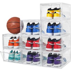 Attelite X-Large Clear Plastic Shoe Boxes - Stackable Shoe Organizer with Magnetic Door (9 Pack, Clear White)