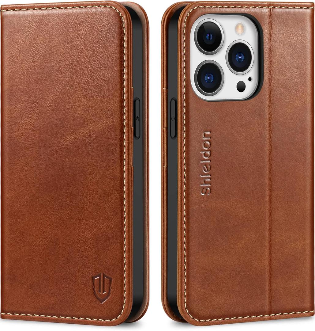 SHIELDON Case for iPhone 13 Pro 5G, Genuine Leather Folio Wallet Magnetic Shock Absorbing Case RFID Blocking Credit Card Holder Kickstand Compatible with iPhone 13 Pro 6.1" - Retro Brown