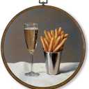 Qskjre Vintage Champagne French Fries Wall Art Decor, Gifts for Cocktail Lovers Round Wood Framed Canvas Wall Artwork, Trendy Food Hanging Prints for Bar Cart Kitchen Dining Room Decorations 10"x10"