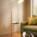 EDISHINE 68" Arc Floor Lamp with Table, Vintage Standing Lamp for Living Room with Tray, Tall Reading Lamp, Beige Shade, Adjustable Arm, Remote Dimmable Bulb Included, for Bedroom Office, Wood Grain