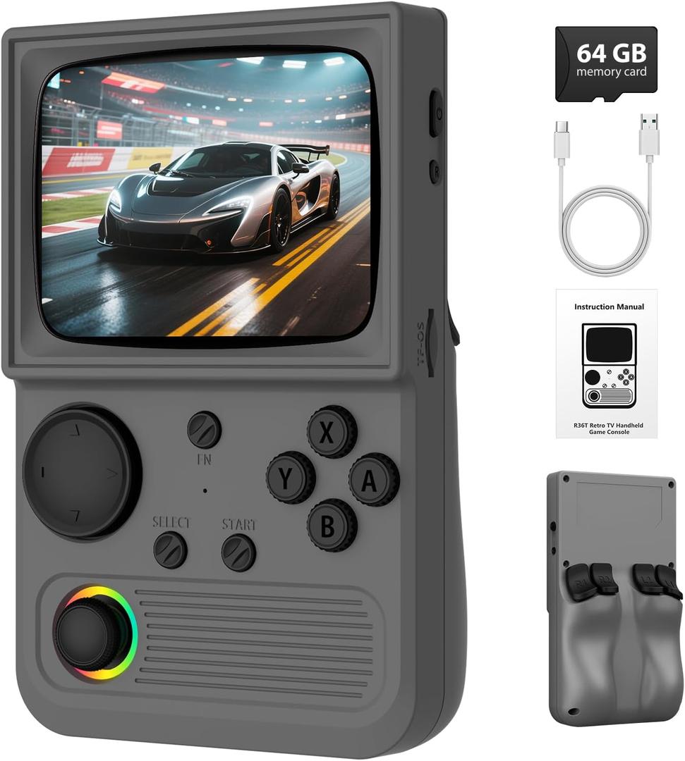 R36T Retro Handheld Game Console, Portable Retro Gaming Console with 3.5 CRT-Inspired Screen, 3500mAh Arcade Classics, Supports Multiple Emulators, WiFi Network Battling, 64GB (Gray)