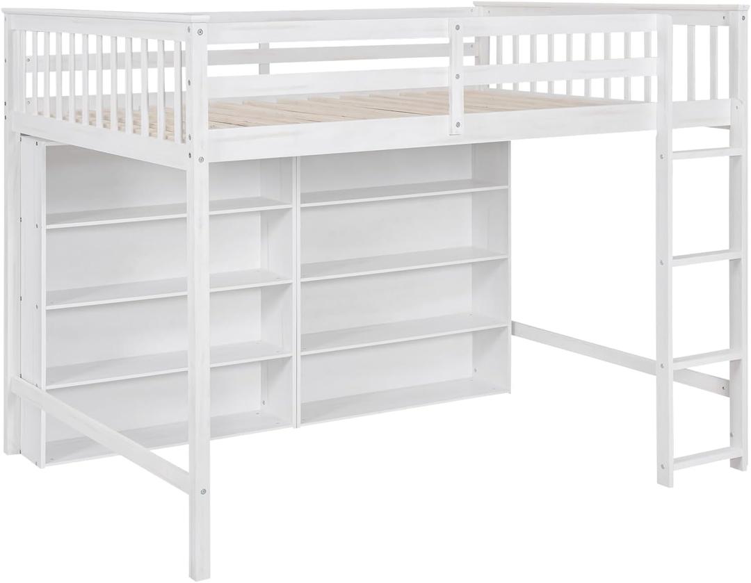 Full Size Loft Bed with 8 Open Storage Shelves and Built-in Ladder,Bedroom Solid Wood Bed Frame w/Full-Length Guardrails & Easy to Assemble, For Kid Adult Boy Girl Teen, White